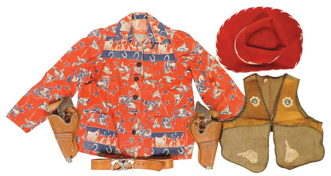Western Character Boy's Outfit, leather holster/belt w/2 Buck'n Bronc cap guns, printed shirt, vest: Western Character Boy's Outfit, leather holster/belt w/2 Buck'n Bronc cap guns, printed shirt, vest & felt hat, Good+ to VG cond, shirt w/19" sleeves & 14"shoulder.