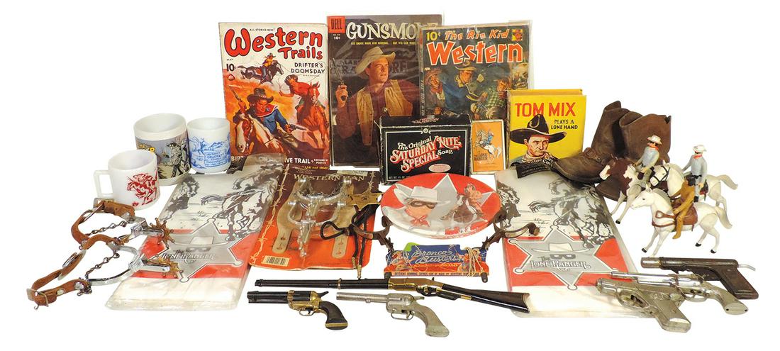 Western Character Toys (32), 3 sets of spurs, cap guns, comics, Davey Crockett & Lone Ranger items &: Western Character Toys (32), 3 sets of spurs, cap guns, comics, Davey Crockett & Lone Ranger items & more, Good+ to Exc cond, largest 10"H x 7"W.