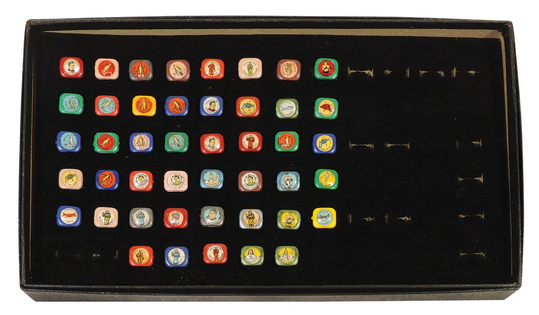 Toy Premiums (45), Kellogg's PEP Rings complete set of 12 Tom Corbett, Burt Lancaster, Buffalo Bill: Toy Premiums (45), Kellogg's PEP Rings complete set of 12 Tom Corbett, Burt Lancaster, Buffalo Bill plus Indians, Sports figures & Airplanes, most VG to Exc cond, .75"W.