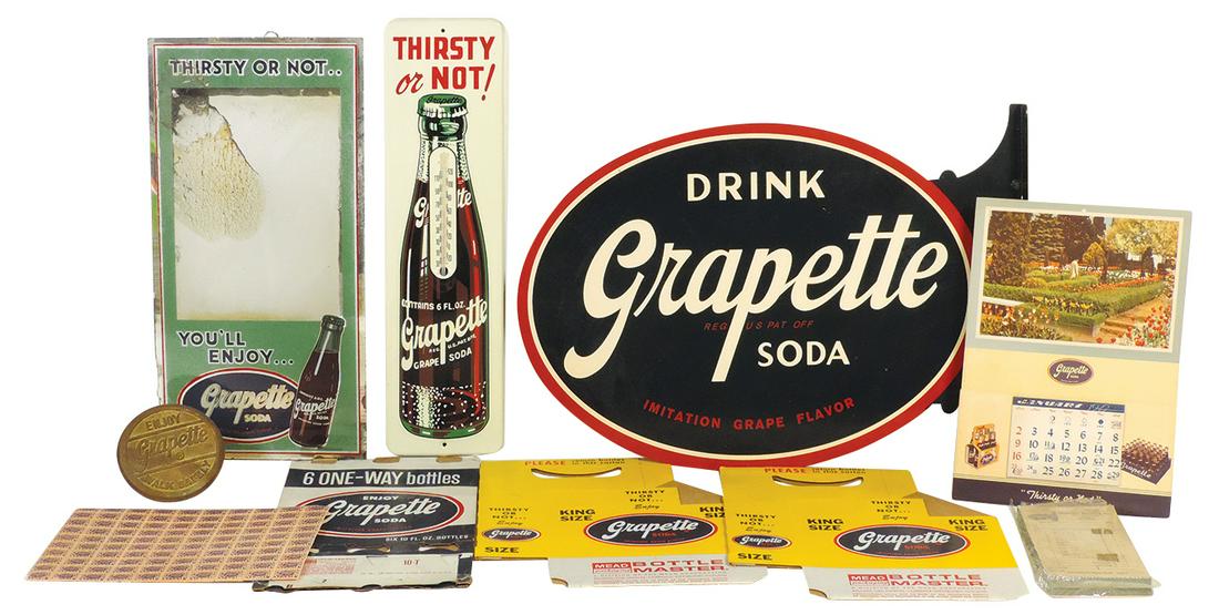 Soda Fountain (9), Grapette Soda oval flange sign & embossed thermometer both by Stout Signs, brass: Soda Fountain (9), Grapette Soda oval flange sign & embossed thermometer both by Stout Signs, brass sidewalk marker, sheet of stamps, early reverse mirror, 2 cdbd bottle carriers, 1949 calendar & othe