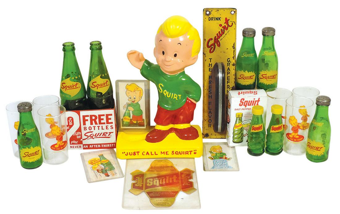 Soda Fountain Miscellany (18), Squirt early pressed steel door pull, ceramic figural bottle display,: Soda Fountain Miscellany (18), Squirt early pressed steel door pull, ceramic figural bottle display, 2-pc sample bottle pack, 6 tumblers, 3 pr shakers (one in box), 3 decals & a disposable ashtray, th