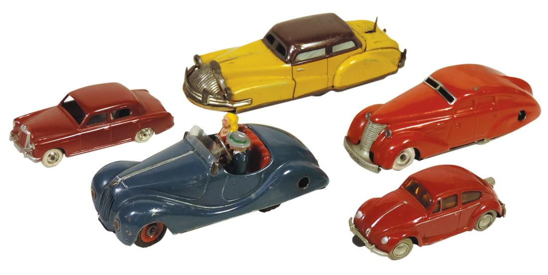 Toy Vehicles (5), 3 Schuco: diecast roadster Akustico 2002, Volkswagen racer & tin 1010, a diecast: Toy Vehicles (5), 3 Schuco: diecast roadster Akustico 2002, Volkswagen racer & tin 1010, a diecast French 2005 & tin Mercedes 220, Good to VG non-working cond, largest 6.5"L.