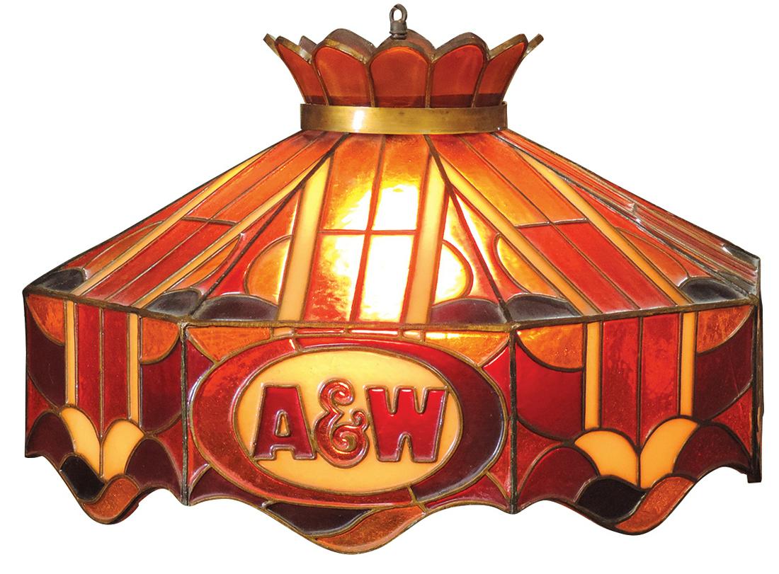 Soda Fountain A&W Root Beer Hanging Lamp, faux leaded plastic cast in 4 colors, VG+ cond w/loss to 1: Soda Fountain A&W Root Beer hanging lamp, faux leaded plastic cast in 4 colors, VG+ cond w/loss to 1 crown point, 13"H x 21.5"W.