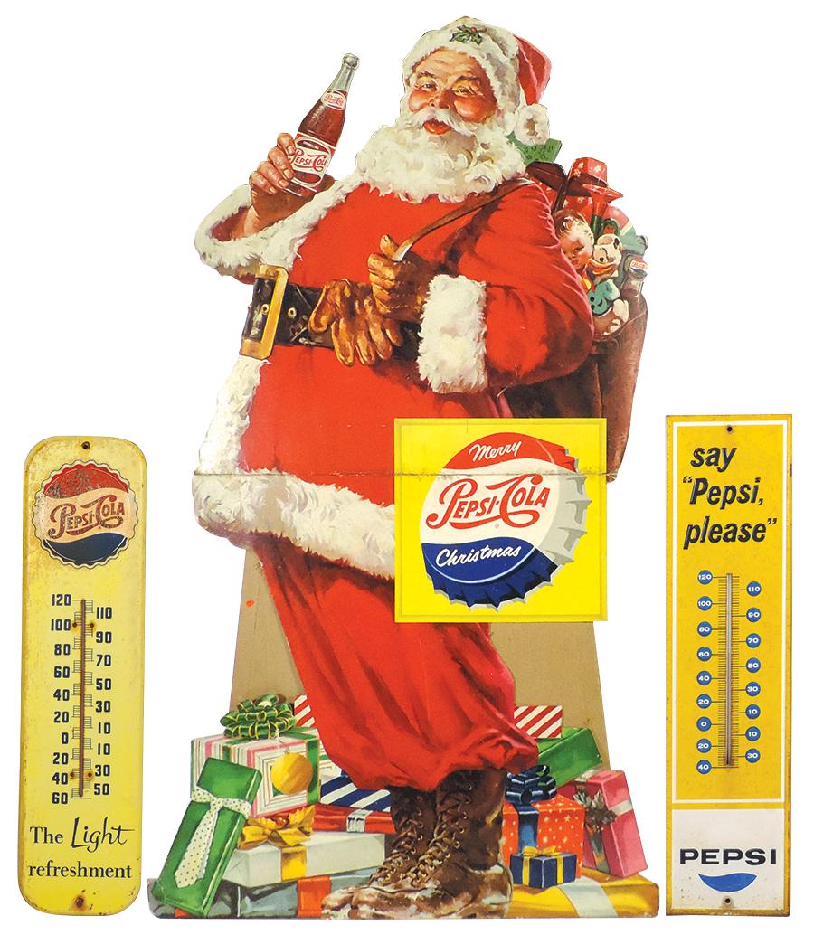 Soda Fountain Pepsi-Cola Items (3), Pepsi-Cola diecut cdbd Santa & 2 diff embossed tin thermometers,: Soda Fountain Pepsi-Cola Items (3), Pepsi-Cola diecut cdbd Santa & 2 diff embossed tin thermometers, Good cond overall w/wear & age, Santa, 51"H (26" folded) x 28"W.
