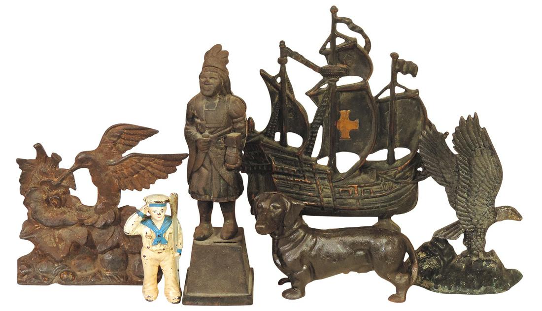 Still Banks & Doorstops (6), incl old Hubley Sailor, Sailing Ship, Hummingbird & others, various: Still Banks & Doorstops (6), incl old Hubley Sailor, Sailing Ship, Hummingbird & others, various vintage & cond, largest 11"H.