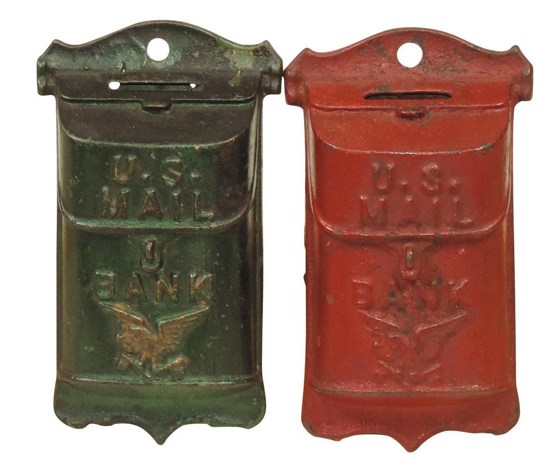 Still Banks (2), U.S. Mail, cast iron wall-mount mail boxes, 1 red & 1 green, Exc & VG cond, 5.5"H.: Still Banks (2), U.S. Mail, cast iron wall-mount mail boxes, 1 red & 1 green, Exc & VG cond, 5.5"H.