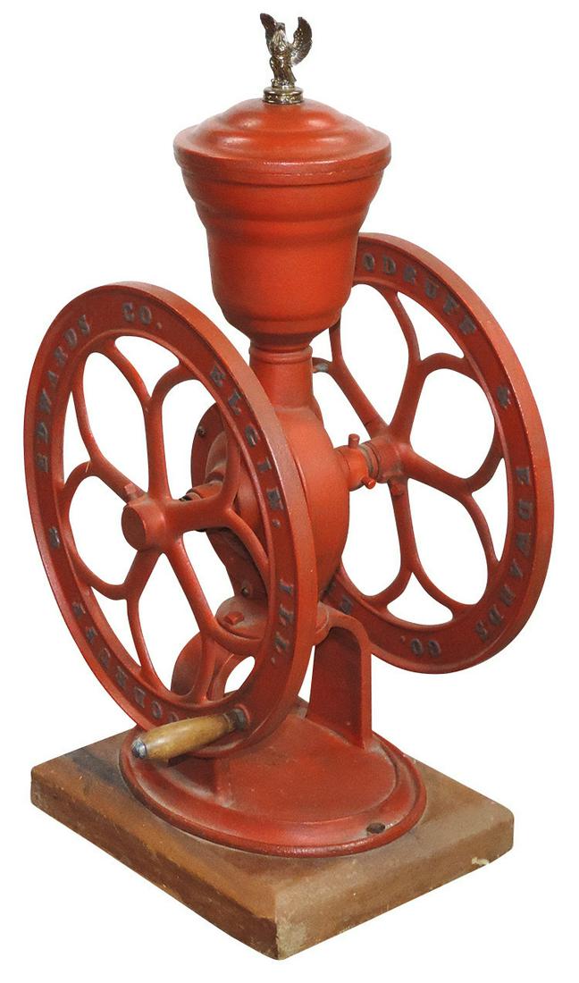 Country Store Coffee Grinder, Elgin National cast iron counter top mfgd by Woodruff & Edwards-Elgin,: Country Store Coffee Grinder, Elgin National cast iron counter top mfgd by Woodruff & Edwards-Elgin, Ill, VG working cond, later repaint & eagle finial, receiver absent, 33"H x 17"Dia.