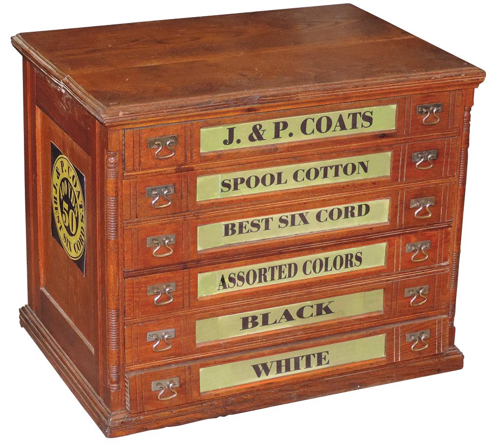 Country Store Spool Cabinet, J.&P. Coats, oak 6 drawer, Good+ cond w/early refinish & replaced name: Country Store Spool Cabinet, J.&P. Coats, oak 6 drawer, Good+ cond w/early refinish & replaced name panels, 20"H x 18"W x 24.5"D.