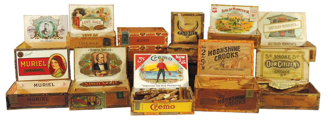 Tobacciana Cigar Boxes (17), wood w/paper labels, 4 Seal of Minnesota, 4 Don Arco, large Moonshine: Tobacciana Cigar Boxes (17), wood w/paper labels, 4 Seal of Minnesota, 4 Don Arco, large Moonshine Crooks, Samuel Smiles & others, largest 9.25"L.