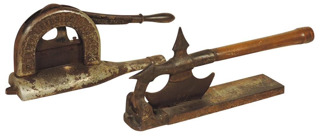 Tobacciana Tobacco Cutters (2), Piper Heidsieck Tobacco, cast iron cutter mounted on figural half of: Tobacciana Tobacco Cutters (2), Piper Heidsieck Tobacco, cast iron cutter mounted on figural half of champagne bottle, in orig working cond w/some of orig nickel finish, 8"H x 16"L & Battle Axe tobacc