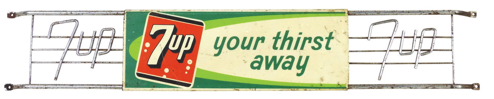 Soda Fountain 7Up Door Push, painted pressed steel w/chromed bent wire logos, by Stout Sign Co #73: Soda Fountain 7Up Door Push, painted pressed steel w/chromed bent wire logos, by Stout Sign Co #73 6-63, Good cond w/oxidized plating & spotting to panel 5.25"H x 30"L.