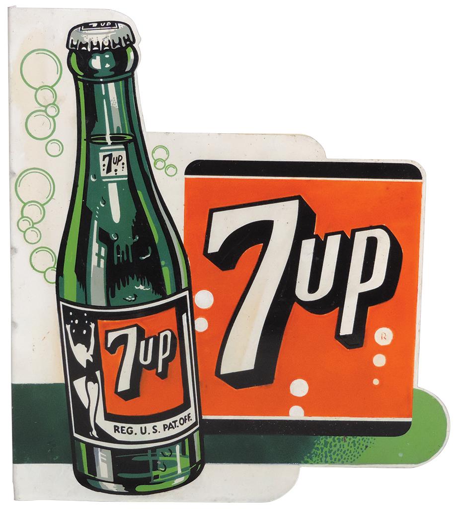 Soda Fountain 7Up Sign, painted diecut steel flange w/large bottle graphic, early version by Stout: Soda Fountain 7Up Sign, painted diecut steel flange w/large bottle graphic, early version by Stout Sign Co #1-51, VG cond w/touch ups & small areas of restoration, 20"H x 17.5"W.