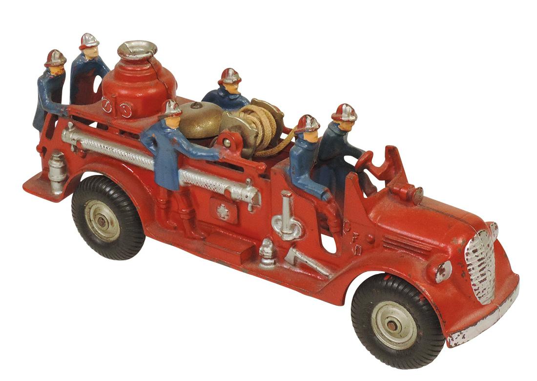 Toy Fire Pumper, Arcade, cast iron, nice orig painted finish w/hose reel & bell, Exc cond, 13"L.: Toy Fire Pumper, Arcade, cast iron, nice orig painted finish w/hose reel & bell, Exc cond, 13"L.