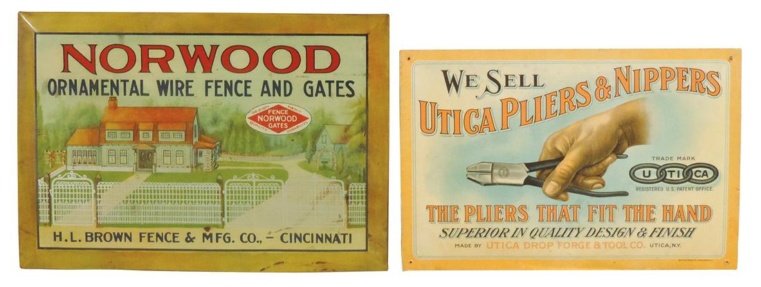 Hardware Store Signs (2), litho on tin Norwood Wire Fence & a gloss coated hardboard sign w/easel: Hardware Store Signs (2), litho on tin Norwood Wire Fence & a gloss coated hardboard sign w/easel for Utica Pliers & Nippers, VG & Exc cond w/nail holes, larger 9.5"H x 13'25"W.