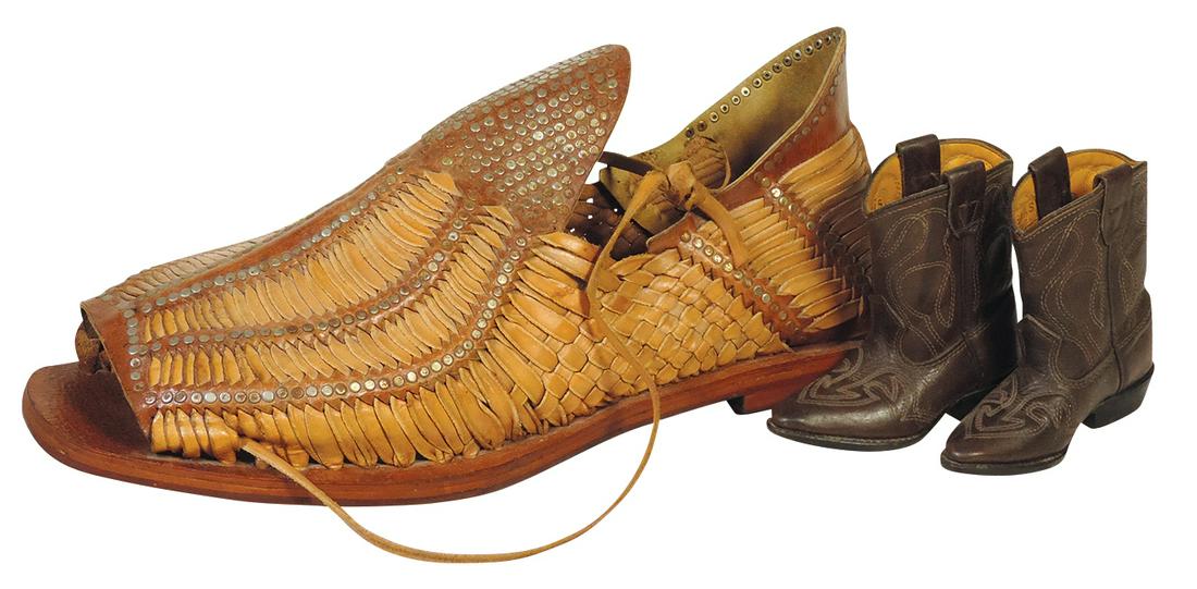 Shoe Store Display Shoes (3), oversized stitched & studded leather loafer inscribed "Curios Tijuana: Shoe Store Display Shoes (3), oversized stitched & studded leather loafer inscribed "Curios Tijuana Mex" & pair of toddler or sales sample cowboy boots by Texas, sz 6D, Exc cond, largest 20"L x 7.5"W.