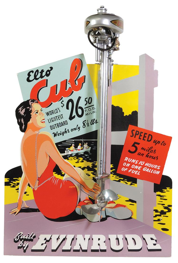Fishing Display, Evinrude Elto Cub, World's Lightest Outboard, diecut cdbd litho displaying a: Fishing Display, Evinrude Elto Cub, World's Lightest Outboard, diecut cdbd litho displaying a complete motor, Ser # 4264-0171, Exc+ restored motor & litho w/minor wear, 35.5"H x 24.5"W.