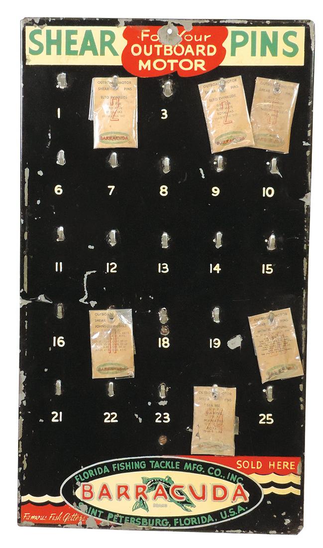 Fishing, Barracuda Sales Display, painted tin stand up counter board for shear pins suspended from: Fishing, Barracuda Sales Display, painted tin stand up counter board for shear pins suspended from pierced hooks, w/6 packs NOS product for Elto, Neptune & other outboards, Good cond w/some paint loss