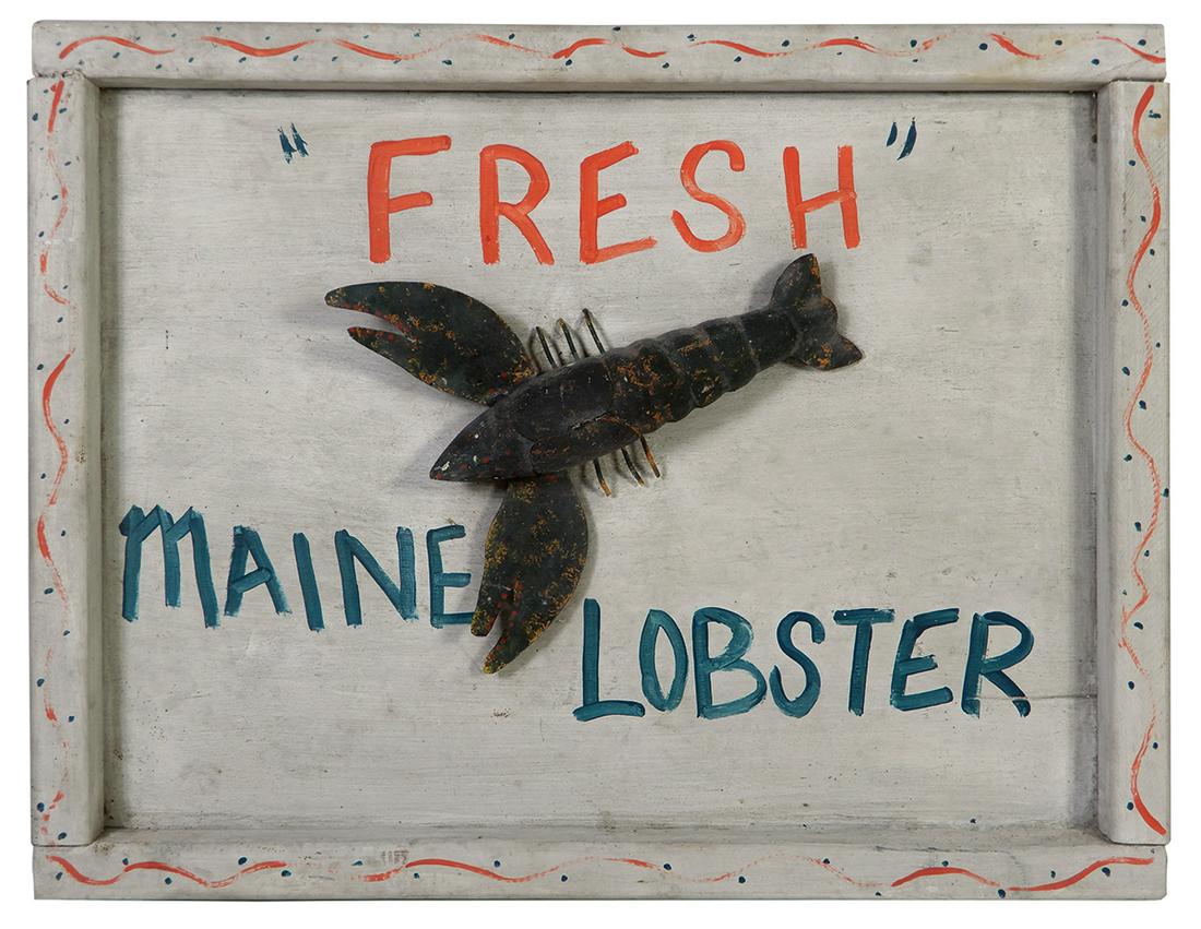 Folk Art Lobster Shack Sign, painted & carved wood w/full figured lobster & hand inscribed marquee: Folk Art Lobster Shack Sign, painted & carved wood w/full figured lobster & hand inscribed marquee "Fresh Maine Lobster", 20.5"H x 26"W.