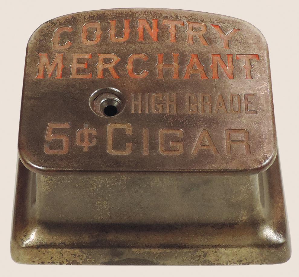 Cigar Cutter, Country Merchant High Grade, 5 Cent Cigar, cast iron windup mfgd by Erie Specialty: Cigar Cutter, Country Merchant High Grade, 5 Cent Cigar, cast iron windup mfgd by Erie Specialty Co.-Erie, PA, dtd Feb 19,1889, Exc orig working cond w/some orig nickel finish present, 3.5"H x 6.5"W x