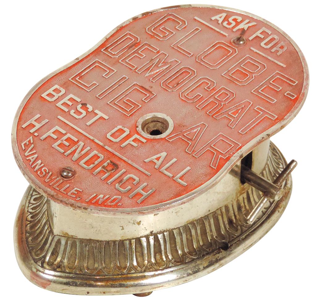 Cigar Cutter, Globe Democrat Cigar, H. Fendrich-Evansville, IN, mfgd by Erie Specialty Co.-Erie, PA,: Cigar Cutter, Globe Democrat Cigar, H. Fendrich-Evansville, IN, mfgd by Erie Specialty Co.-Erie, PA, dtd Feb 19, 1899, Exc orig working cond w/much of orig nickel finish present, comes w/orig nip tray
