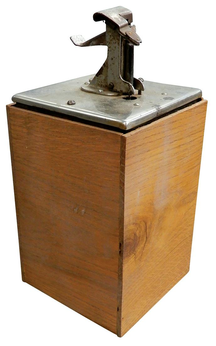 Cigar Lighter, Jump Spark type in newer wood cabinet, push down lever, mech trips electric spark &: Cigar Lighter, Jump Spark type in newer wood cabinet, push down lever, mech trips electric spark & lights wick, c.1920, mechanics function, needs power, maker unknown, Good cond, 12.5"H x 6"Sq.