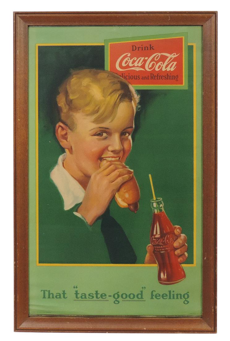 Coca-Cola Banner Sign, That "Taste-Good" Feeling, Scarce paper litho w/orig metal strips top &: Coca-Cola Banner Sign, That "Taste-Good" Feeling, Scarce paper litho w/orig metal strips top & bottom margins, VG+ cond, w/some minor edge wear, light corners creases lower left margin, later framed, 