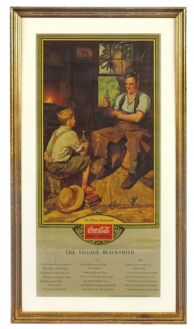 Coca-Cola Calendar 1932, Village Blacksmith, pad complete w/cover sheet poem, Exc cond w/soft roll: Coca-Cola Calendar 1932, Village Blacksmith, pad complete w/cover sheet poem, Exc cond w/soft roll lines, framed (small losses) & matted, 29"H x 16.5"W.