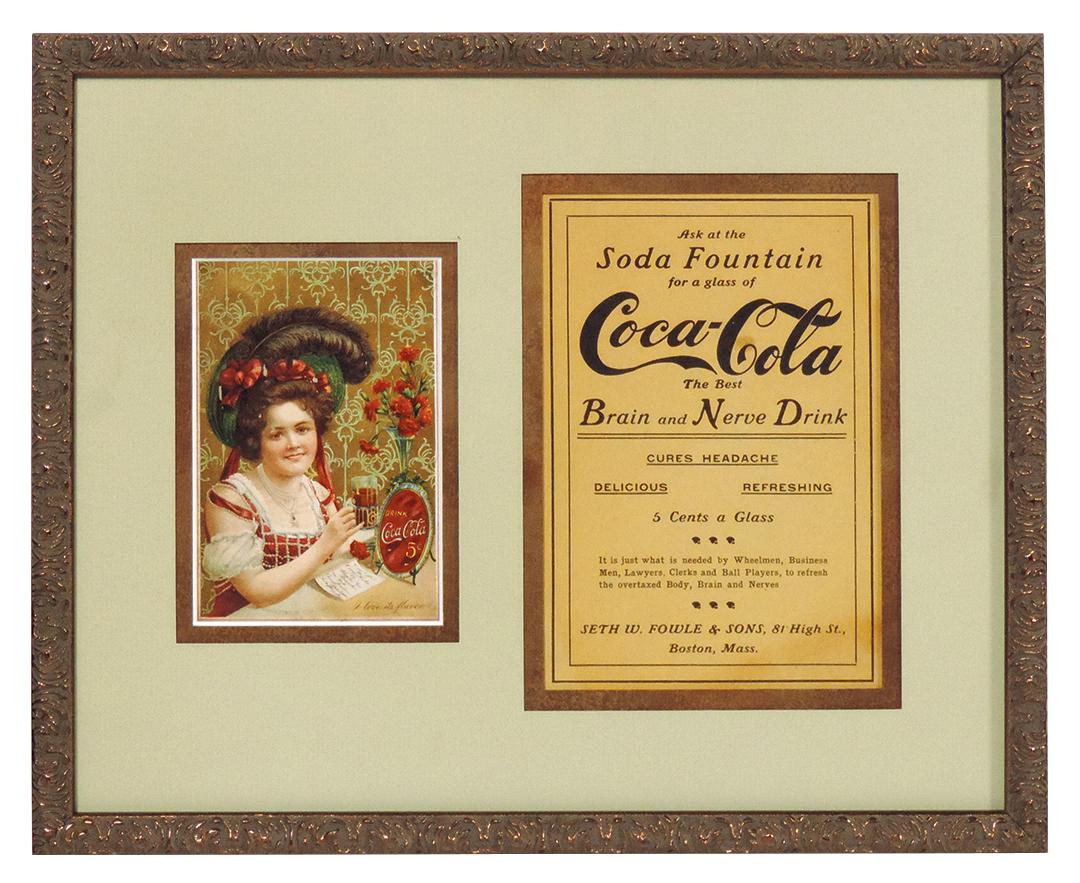 Coca-Cola Cards (2), 1901 color litho menu card of young girl w/glass "I love it's Flavor" & verso: Coca-Cola Cards (2), 1901 color litho menu card of young girl w/glass "I love it's Flavor" & verso printed w/"Soda Menu" & an oversized mailing card "Ask at the Soda Fountain for a glass of Coca-Cola"