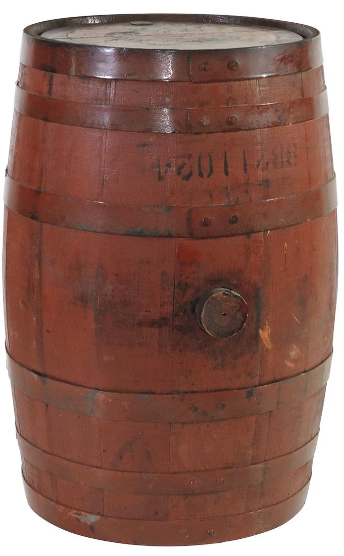 Coca-Cola 10-Gallon Wood Syrup Barrel, c.1920s, orig paper label w/spigot bung untapped, later poly: Coca-Cola 10-Gallon Wood Syrup Barrel, c.1920s, orig paper label w/spigot bung untapped, later poly clear coat over label, VG cond, 21"H x 15"Dia.