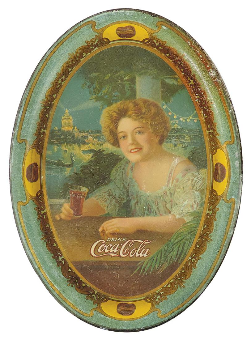 Coca-Cola Change Tray, c.1909, pretty Victorian girl at soda fountain, Good to VG cond w/low gloss,: Coca-Cola Change Tray, c.1909, pretty Victorian girl at soda fountain, Good to VG cond w/low gloss, 6.25"H x 4.5"W.