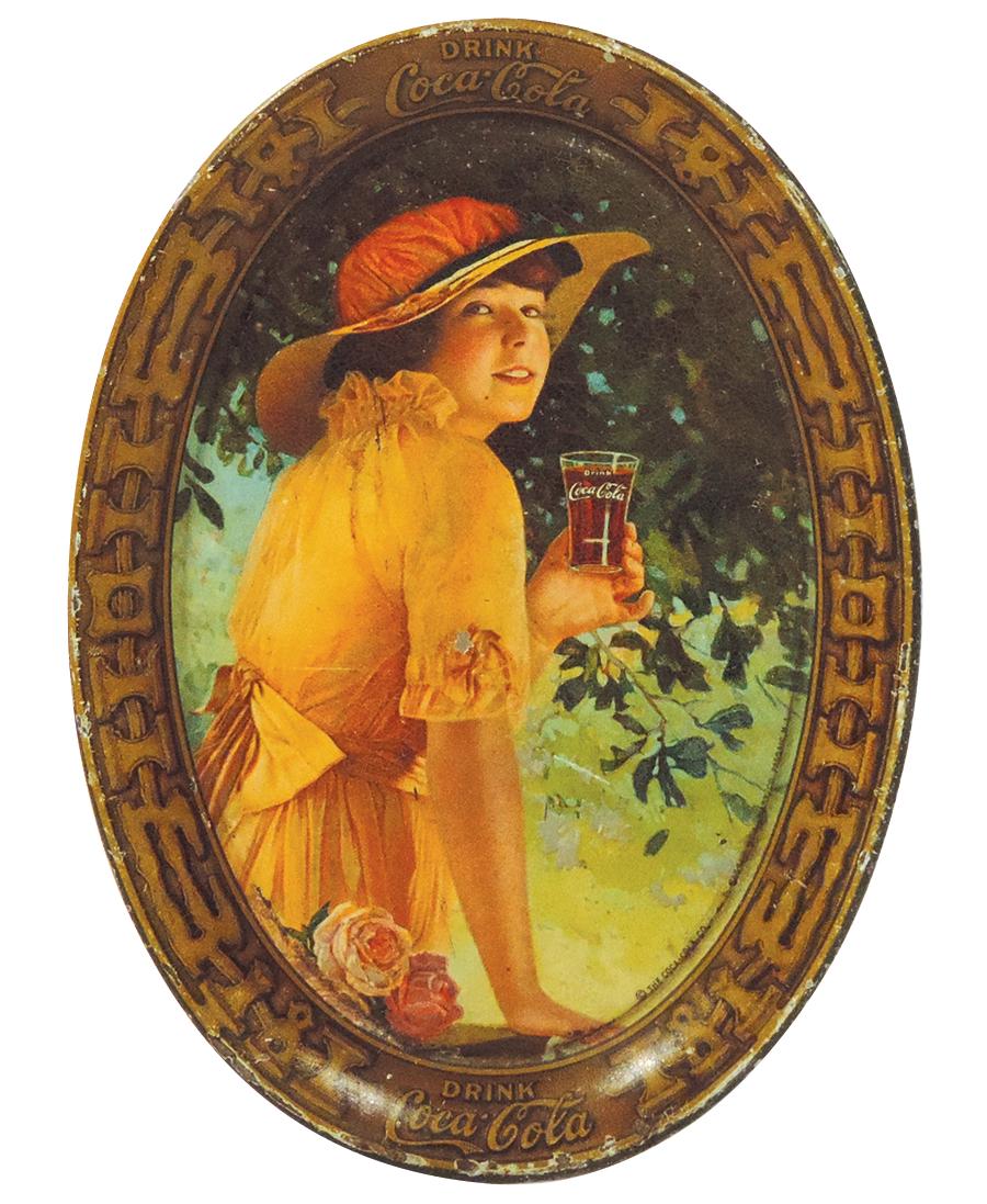 Coca-Cola Change Tray, c.1916, "Elaine", Good cond w/some wear, paint flake on sleeve & low gloss,: Coca-Cola Change Tray, c.1916, "Elaine", Good cond w/some wear, paint flake on sleeve & low gloss, 6.25"H x 4.5"W.