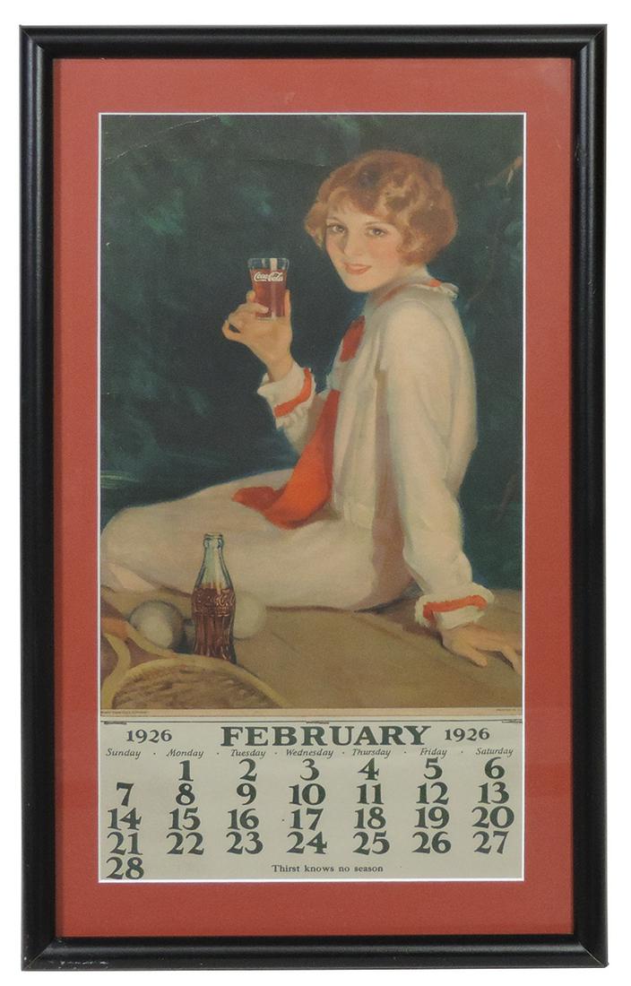 Coca-Cola Calendar 1926, pad complete from February forward, framed & matted, VG+ cond w/diagonal: Coca-Cola Calendar 1926, pad complete from February forward, framed & matted, VG+ cond w/diagonal crease & paper break 2" off upper left corner, full margins, 22"H x 13.25"W.