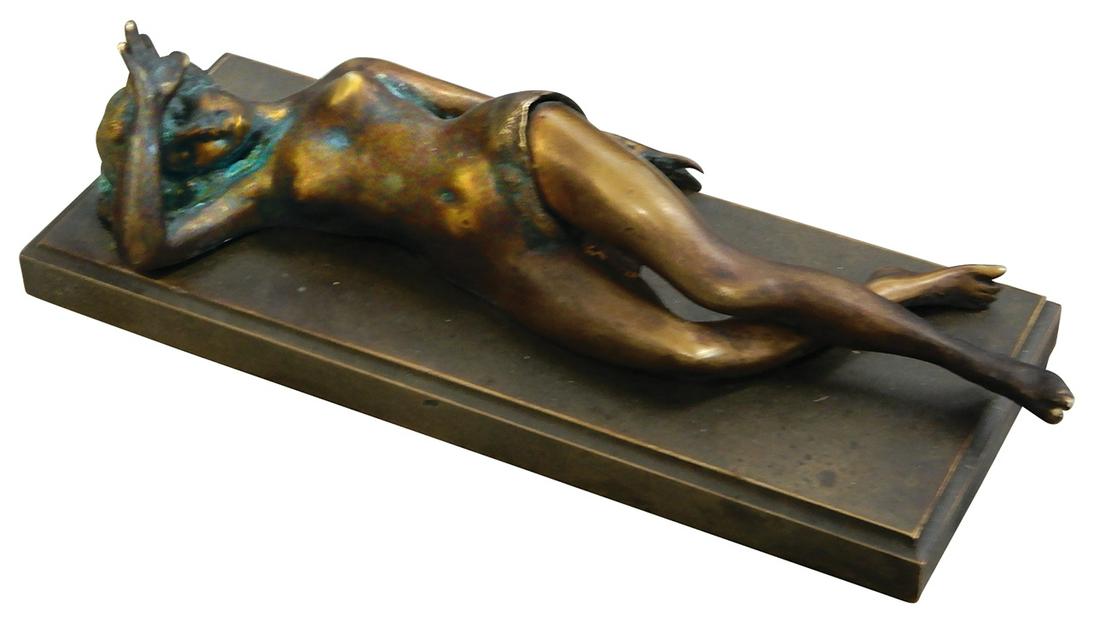 Cigar Cutter, Bronze Figural Nude Woman, lift leg to cut cigar, c.1920's, VG+ cond, 2.5"H x 8.5"L x