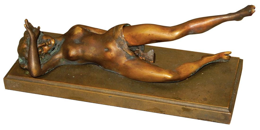 Cigar Cutter, Bronze Figural Nude Woman, lift leg to cut cigar, c.1920's, VG+ cond, 2.5"H x 8.5"L x