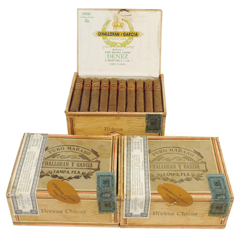 Tobacciana (3), O'Halloran Y Garcia Havana Cigars, NOS wooden boxes of 50 individually wrapped: Tobacciana (3), O'Halloran Y Garcia Havana Cigars, NOS wooden boxes of 50 individually wrapped cigars: 1 recently opened box of Reinas & 2 unopened sealed boxes of Brevas Chicas, ea handmade of Cuban