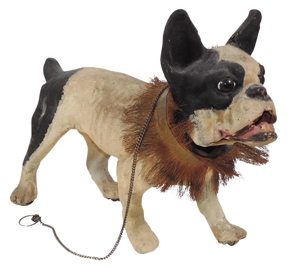 Toy French Bulldog Growler Pull Toy, painted papier-mache w/glass eyes & coconut husk collar, nods: Toy French Bulldog Growler Pull Toy, painted papier-mache w/glass eyes & coconut husk collar, nods head & opens his mouth w/big growl when his chain is pulled, a high quality c.1890-1910 pull toy, old