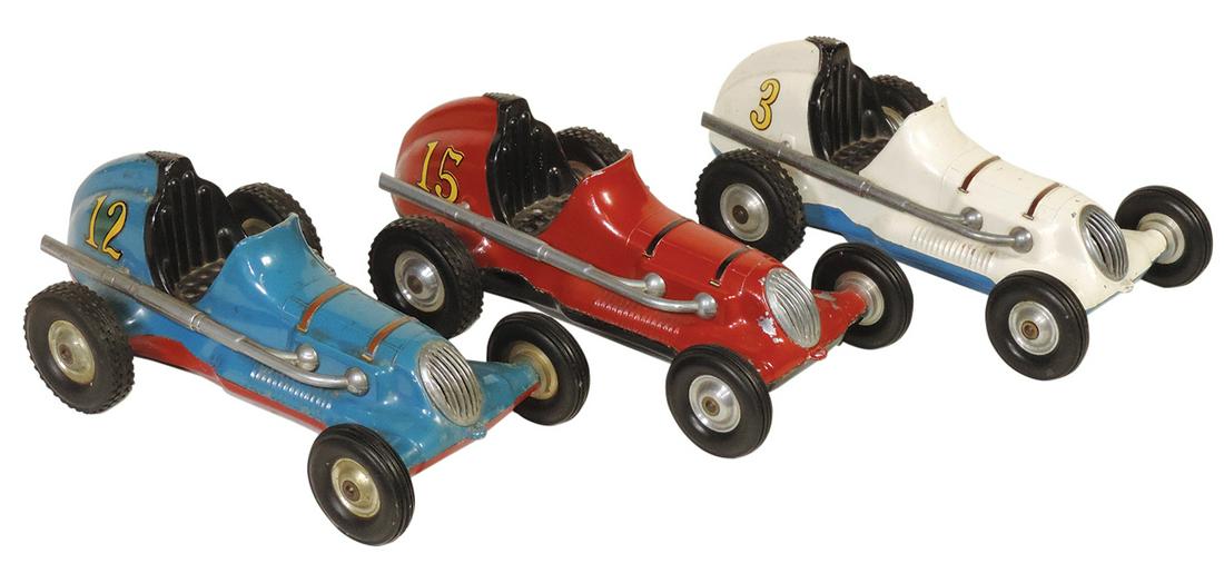 Toy Tether Cars (3), Roy Cox Thimble Drome #3, #12 & #15, no engines, VG cond w/wear & use, 10"L.: Toy Tether Cars (3), Roy Cox Thimble Drome #3, #12 & #15, no engines, VG cond w/wear & use, 10"L.