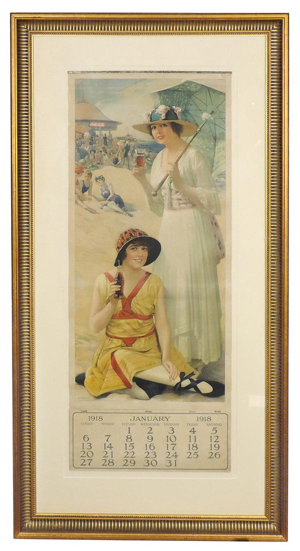 Coca-Cola Calendar 1918, full pad w/o cover sheet, large format, framed & matted, VG cond & colors: Coca-Cola Calendar 1918, full pad w/o cover sheet, large format, framed & matted, VG cond & colors noting minor edge roughness, scattered wrinkles & faint surface breaks to upper 2", 41.5"H x 22.25"W.
