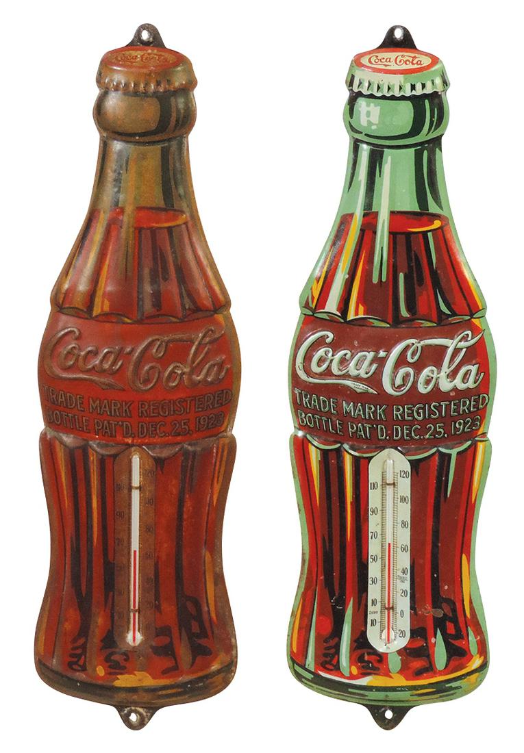 Coca-Cola Christmas Thermometers (2), embossed litho on tin w/pat date Dec. 25th,1923, Good & VG: Coca-Cola Christmas Thermometers (2), embossed litho on tin w/pat date Dec. 25th,1923, Good & VG cond, 16.75"H.