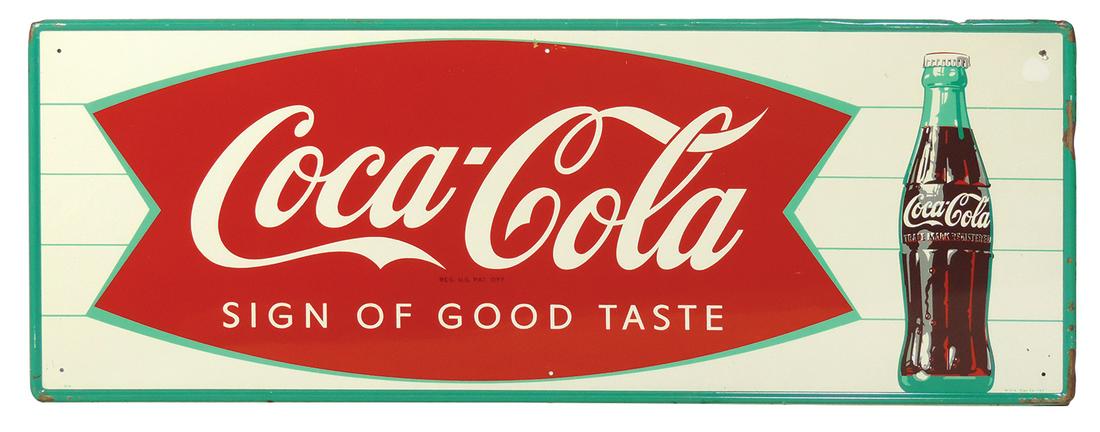 Coca-Cola Fishtail Sign, painted self-framed tin w/product bottle by M-C-A sign Co. #747, VG+ cond: Coca-Cola Fishtail Sign, painted self-framed tin w/product bottle by M-C-A sign Co. #747, VG+ cond w/some edge loss & inpaint upper right o/wise Exc+ cond field & gloss, 12"H x 31.75"W.