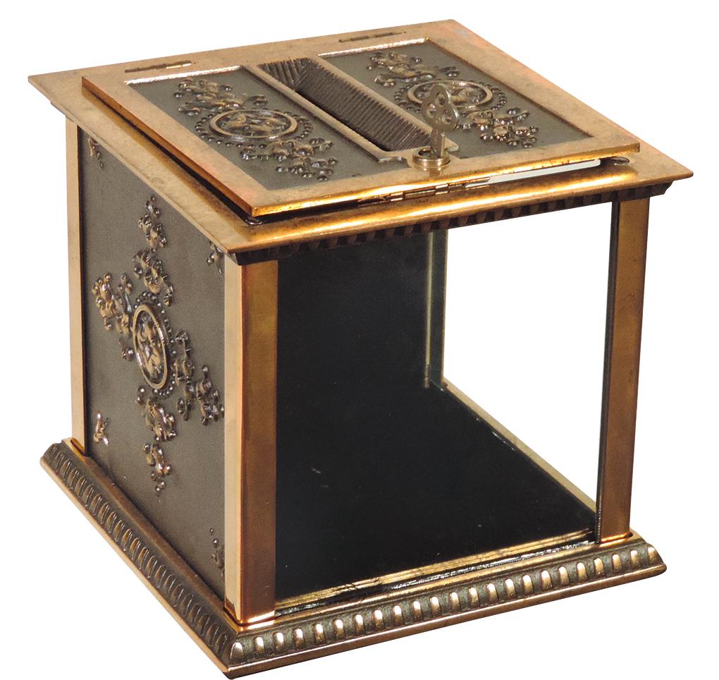 Cash Register Receipt Box, National, bronzed cast iron panels w/National embossed on 1, foliates on: Cash Register Receipt Box, National, bronzed cast iron panels w/National embossed on 1, foliates on another & on slotted cover, lock w/key, Exc cond, 6"H x 6.5"Sq.