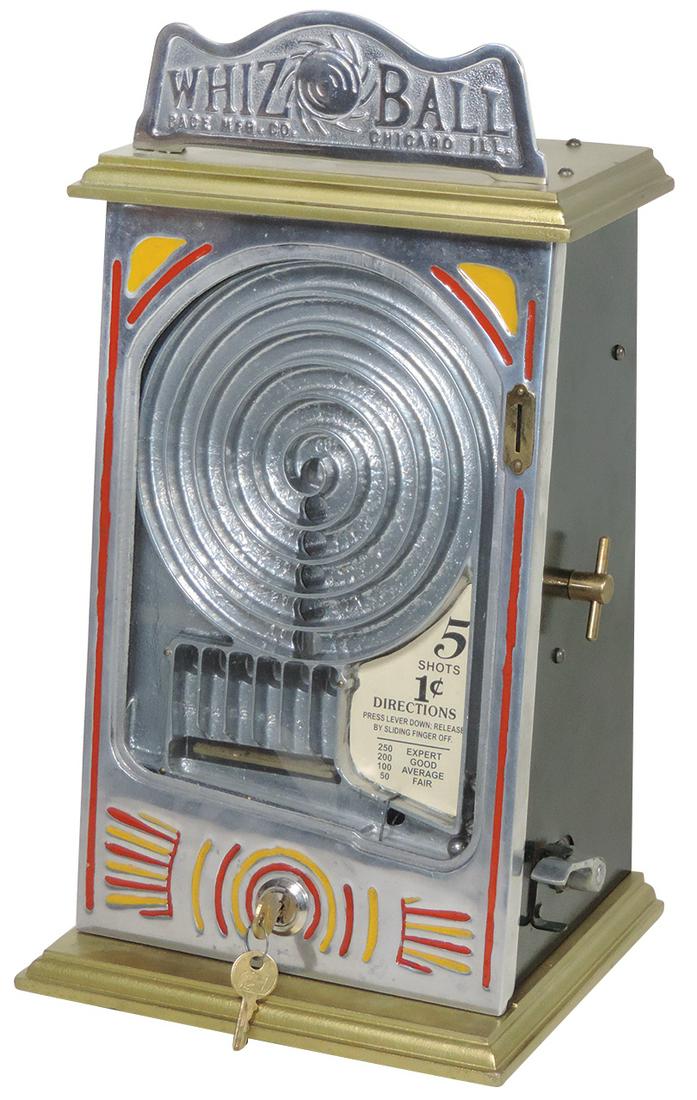 Coin-Operated Whiz Ball 1 Cent Skill Game, cast aluminum & tin flips balls into a spiral maze, by: Coin-Operated Whiz Ball 1 Cent Skill Game, cast aluminum & tin flips balls into a spiral maze, by Pace Mfg,-Chicago, Ill, Exc restored working cond, 16.5"H x 9.25"W x 8.5"D.