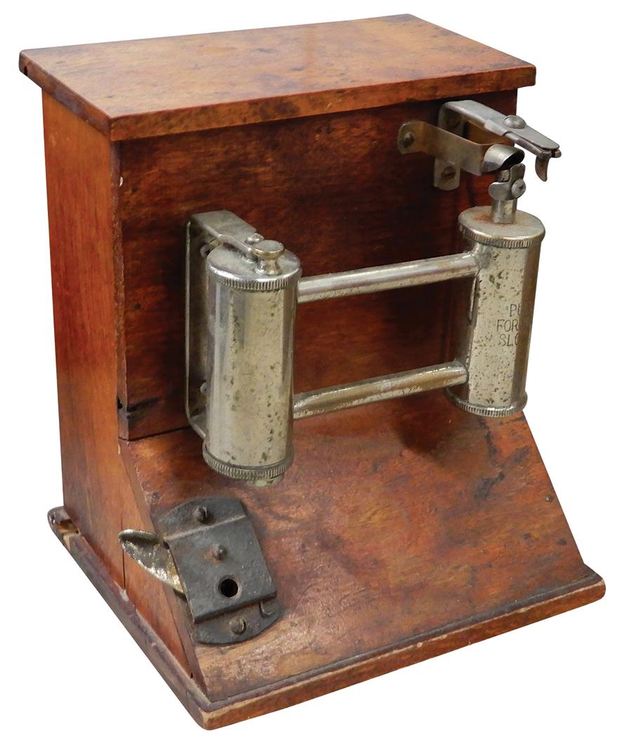 Cigar Cutter & Lighter, Jump Spark mfgd by Peerless Mfg-Chicago, electric, wood cabinet w/brass: Cigar Cutter & Lighter, Jump Spark mfgd by Peerless Mfg-Chicago, electric, wood cabinet w/brass lighter mech & metal cutter, "Pull forward" on right cylinder, c.1900, Good+ orig used cond, needs batte