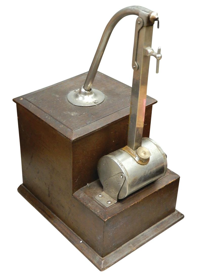 Cigar Lighter, The Wireless #12, mfgd by Eldred Mfg-Chicago, wood w/brass fittings, refinished case,: Cigar Lighter, The Wireless #12, mfgd by Eldred Mfg-Chicago, wood w/brass fittings, refinished case, c.1910, has coil but needs battery, missing back door, o/wise VG+ cond, 16"H x 7.5"W x 10"D.