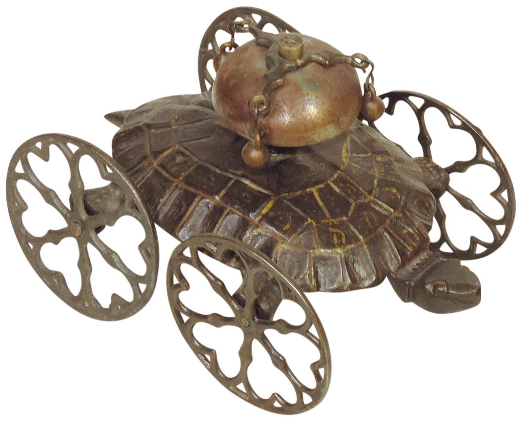 Toy Turtle Pull Bell, cast iron, mfgd by Gong Bell, VG cond w/figural clown (finial absent), 6.5"L.: Toy Turtle Pull Bell, cast iron, mfgd by Gong Bell, VG cond w/figural clown (finial absent), 6.5"L.