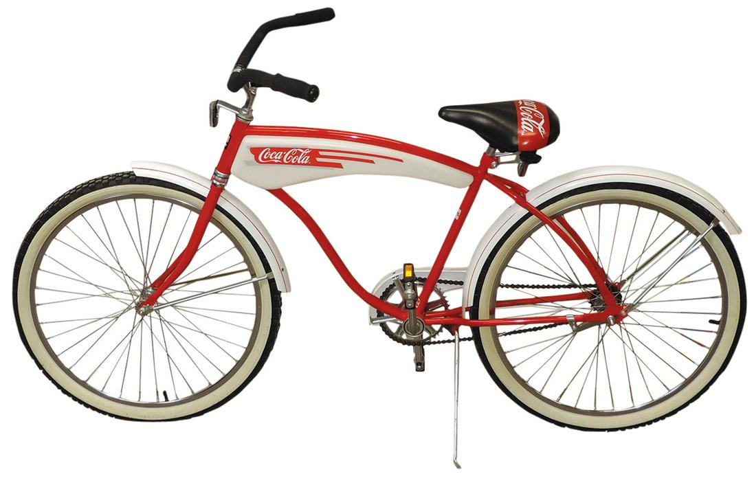 Coca-Cola Bicycle, mfgd by Huffy, single speed, 26" balloon tire cruiser w/logo on tank, seat &: Coca-Cola Bicycle, mfgd by Huffy, single speed, 26" balloon tire cruiser w/logo on tank, seat & chain guard, Exc cond, 41"H x 71"L.