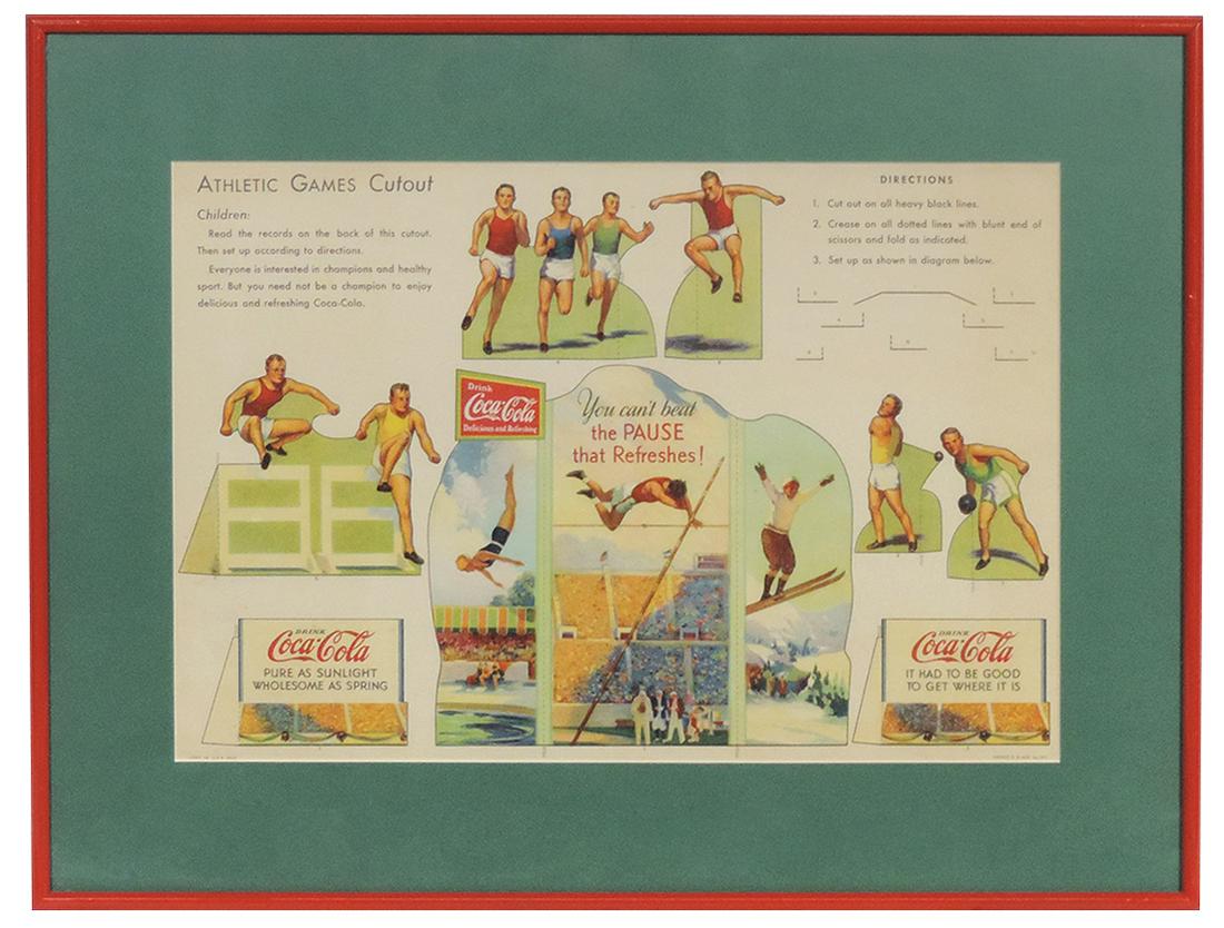 Coca-Cola Athletic Games Cutout 1932, cdbd litho uncut sheet, framed & matted, Exc cond, 15"H x: Coca-Cola Athletic Games Cutout 1932, cdbd litho uncut sheet, framed & matted, Exc cond, 15"H x 19.75"W.