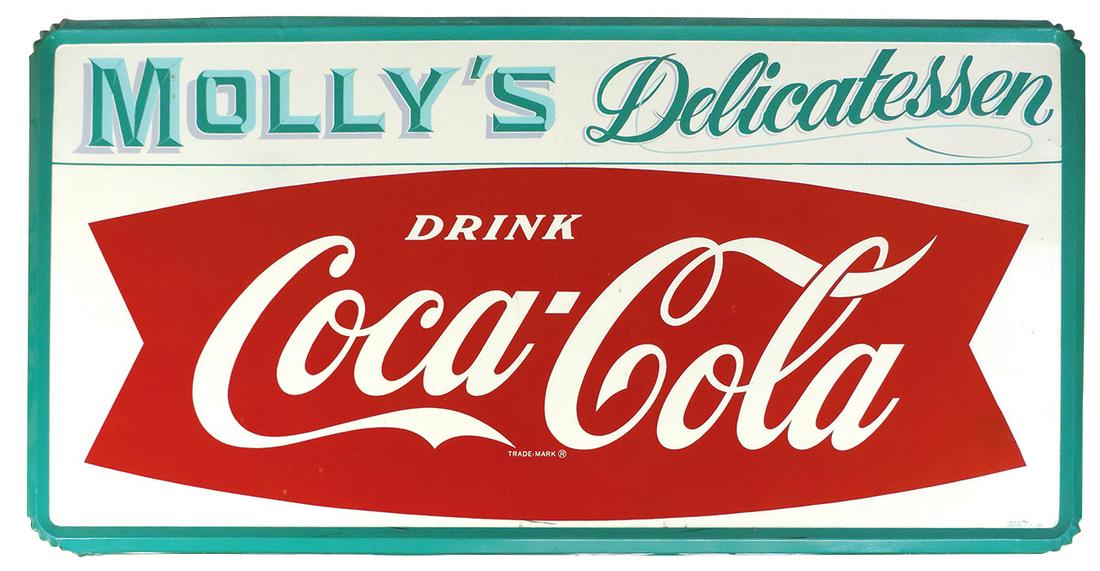 Coca-Cola Fishtail Sign, pressed steel self-framed w/later hand painted marquee, "Molly's: Coca-Cola Fishtail Sign, pressed steel self-framed w/later hand painted marquee, "Molly's Delicatessen", "Made in U.S.A. Robertson-11-64 D15", frame repainted w/some restorations in VG+ to Exc cond, 3