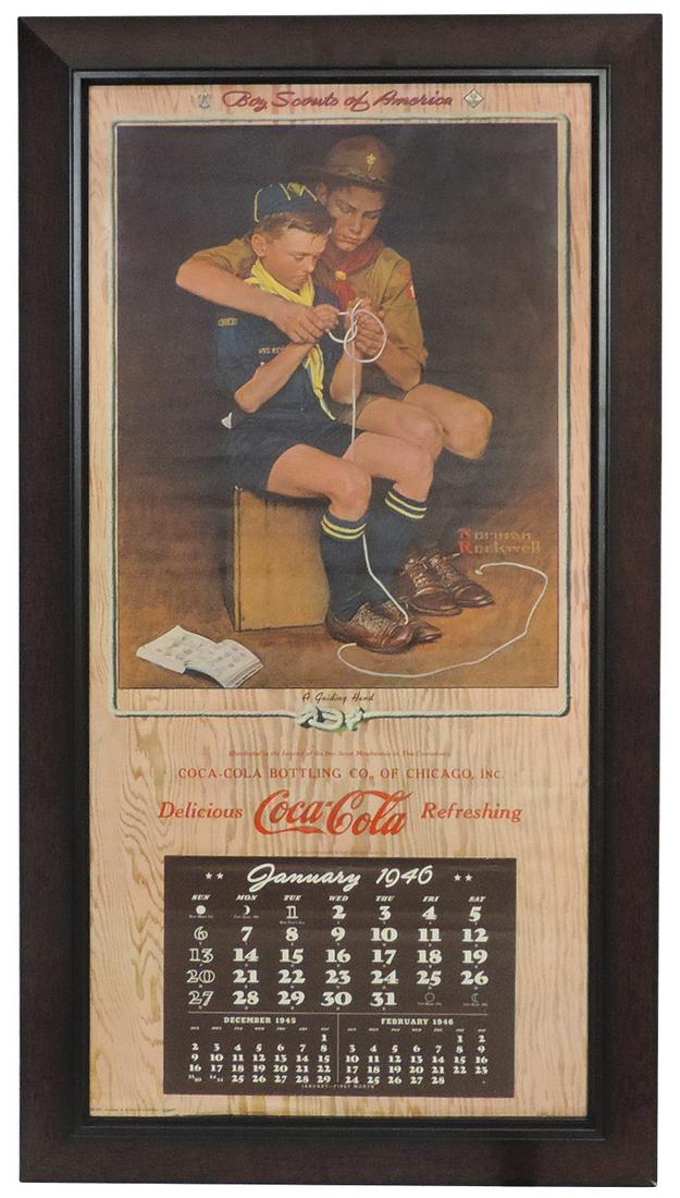 Coca-Cola Calendar 1946, Chicago, IL, Bottling Co., A Helping Hand Boy Scout scene by Norman: Coca-Cola Calendar 1946, Chicago, IL, Bottling Co., A Helping Hand Boy Scout scene by Norman Rockwell, large format, VG+ cond w/full pad, some edge roughness under mat, framed, 37.75"H x 20.25"W.