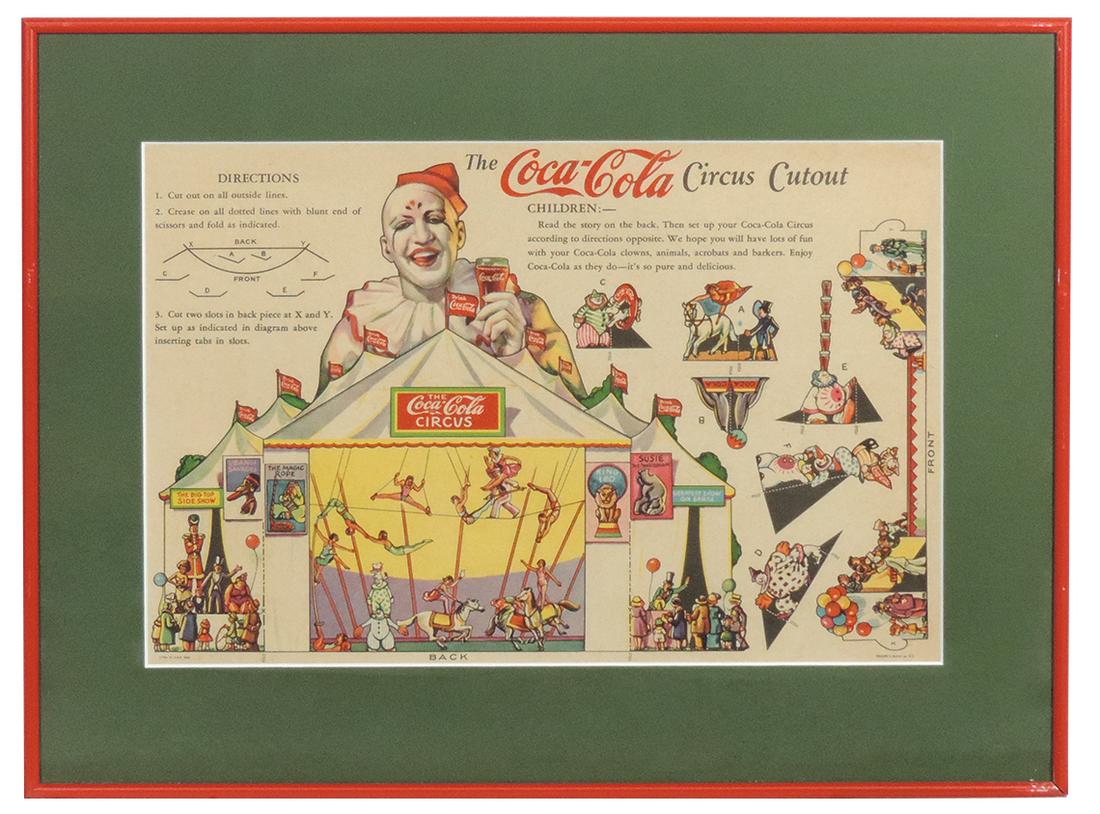 Coca-Cola Circus Cutout 1932, cdbd litho uncut sheet, Exc cond, framed & matted w/verso glazed 15"H: Coca-Cola Circus Cutout 1932, cdbd litho uncut sheet, Exc cond, framed & matted w/verso glazed 15"H x 19.75"W.